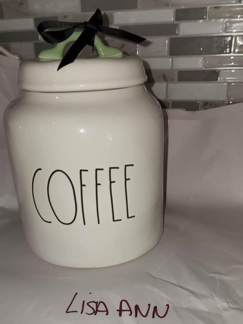 Rae Dunn White Ceramic COFFEE Canister with Green Handle